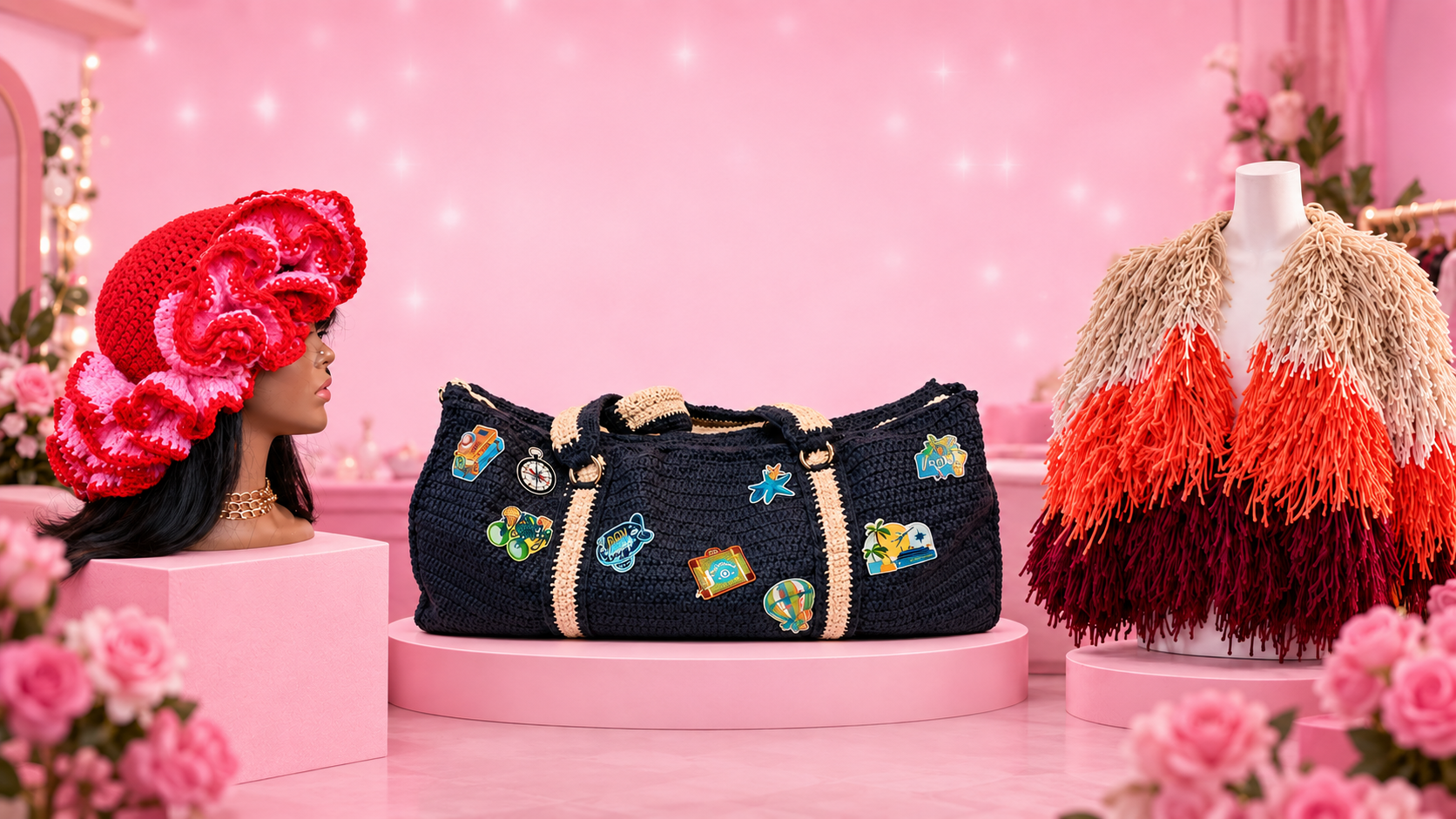 Pink boutique inspiration featuring a crochet ruffle hat, travel duffle bag, and fringe jacket