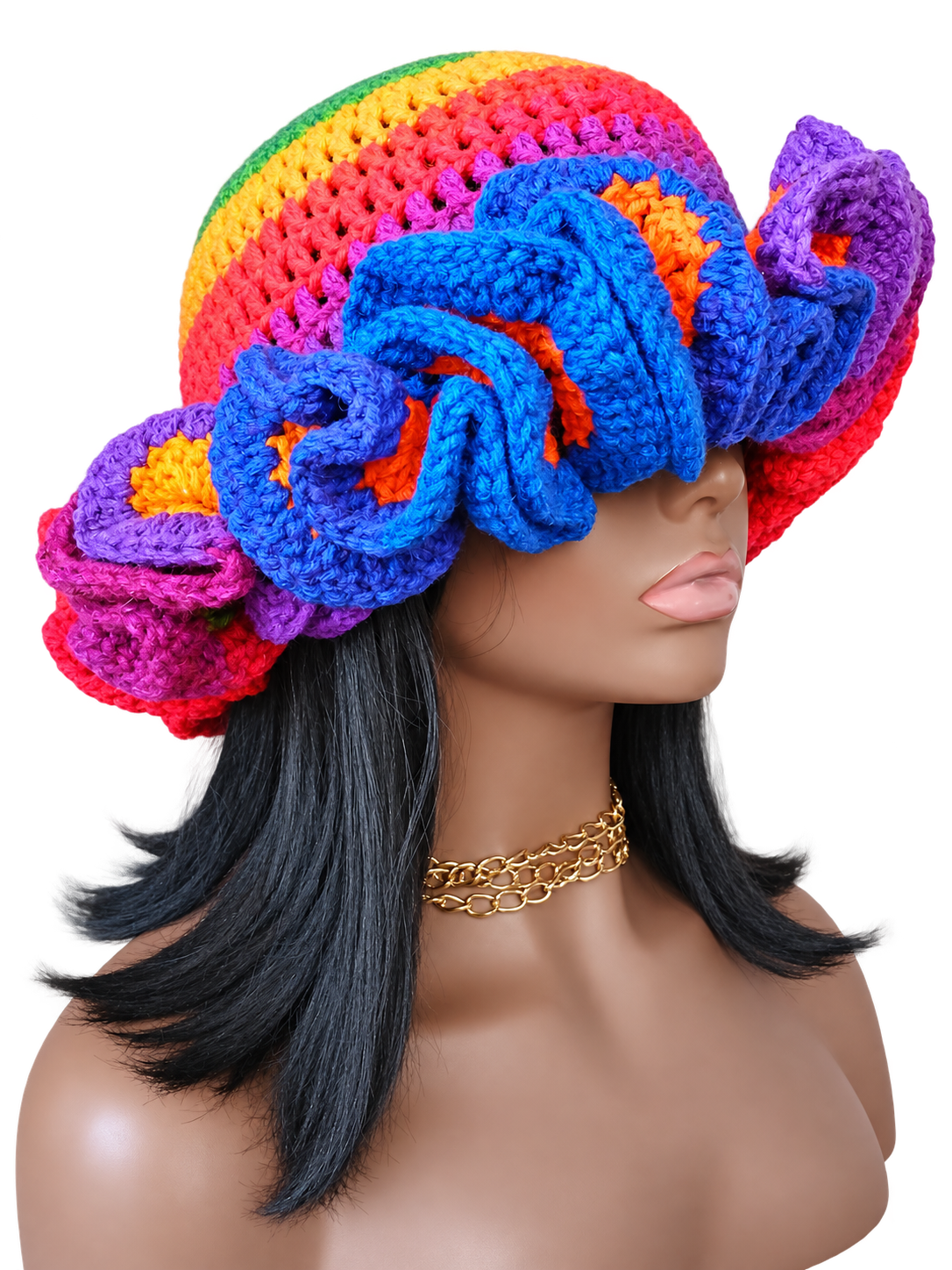 Rainbow crochet ruffle hat