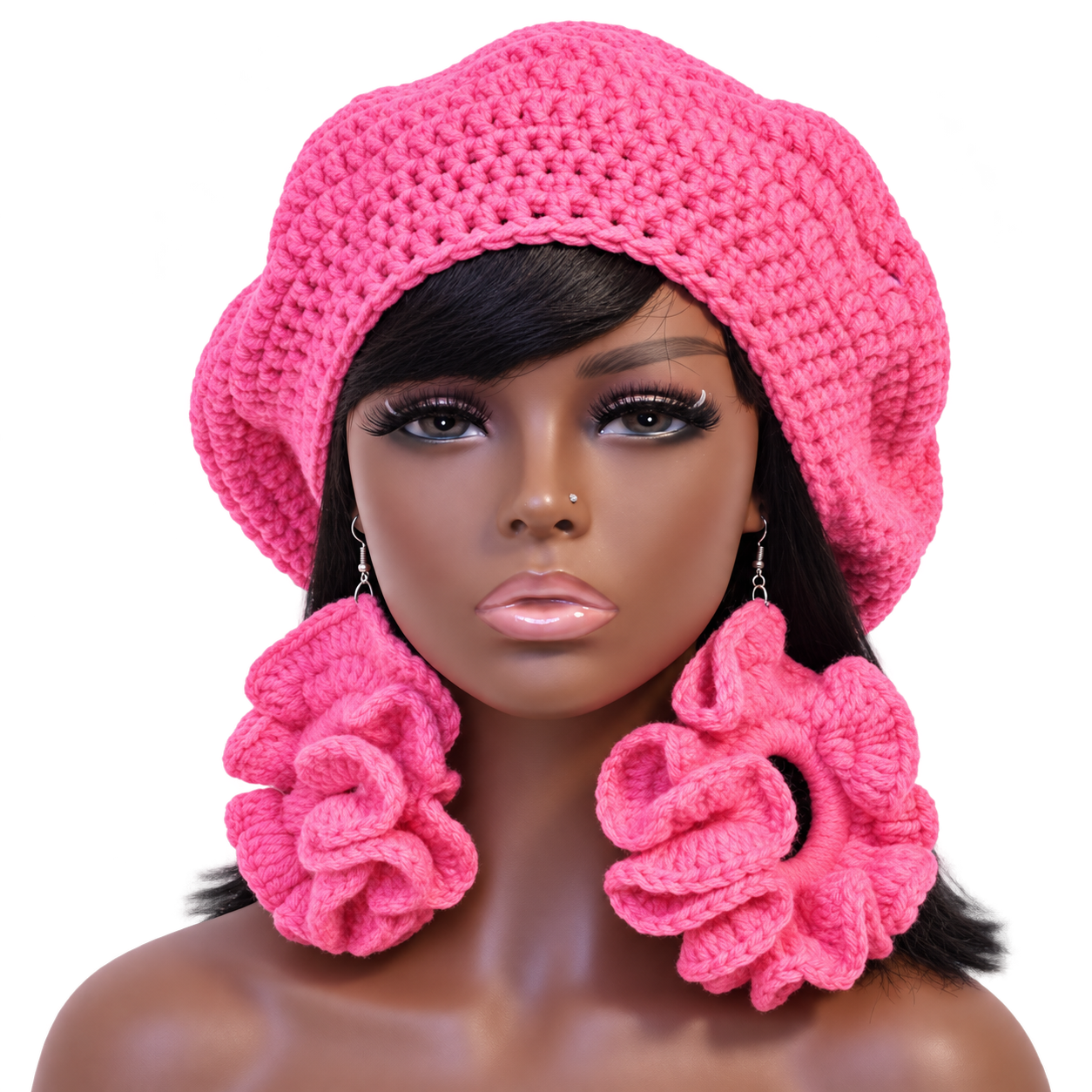 Crochet tam & ruffle earring set